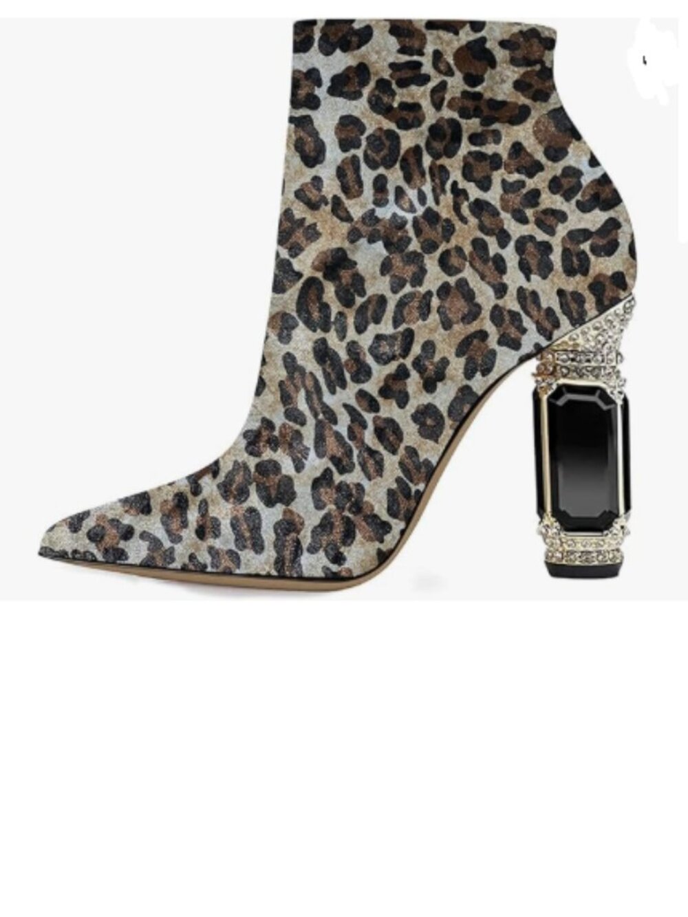 FSJ Leopard Pointed Toe Crystal Chunky High Heel Ankle Boots Side Zipper Shoes